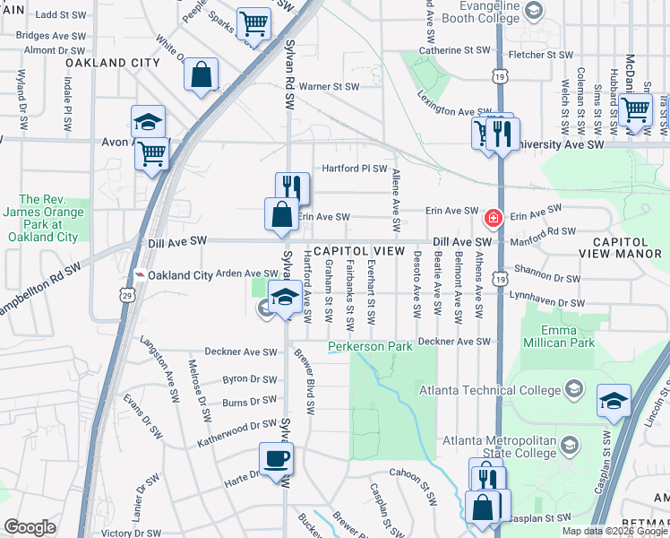 map of restaurants, bars, coffee shops, grocery stores, and more near 1382 Graham Street Southwest in Atlanta