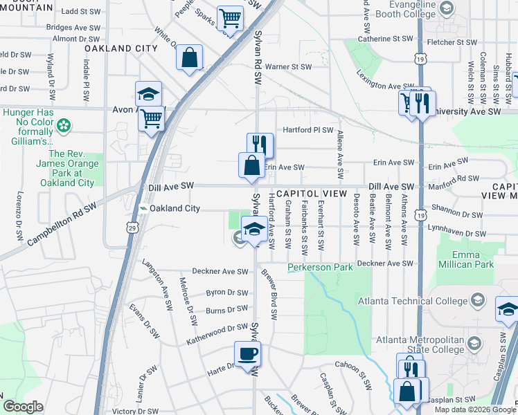 map of restaurants, bars, coffee shops, grocery stores, and more near 1381 Sylvan Road Southwest in Atlanta