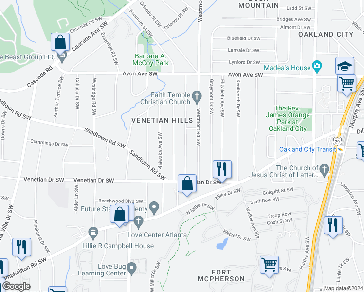 map of restaurants, bars, coffee shops, grocery stores, and more near 1404 Willow Trail Southwest in Atlanta