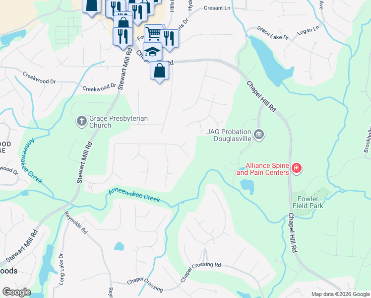 map of restaurants, bars, coffee shops, grocery stores, and more near 9840 Forest Hill Drive in Douglasville