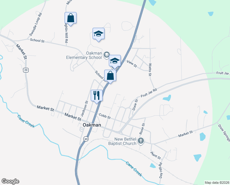 map of restaurants, bars, coffee shops, grocery stores, and more near 363 Wateroak Street in Oakman