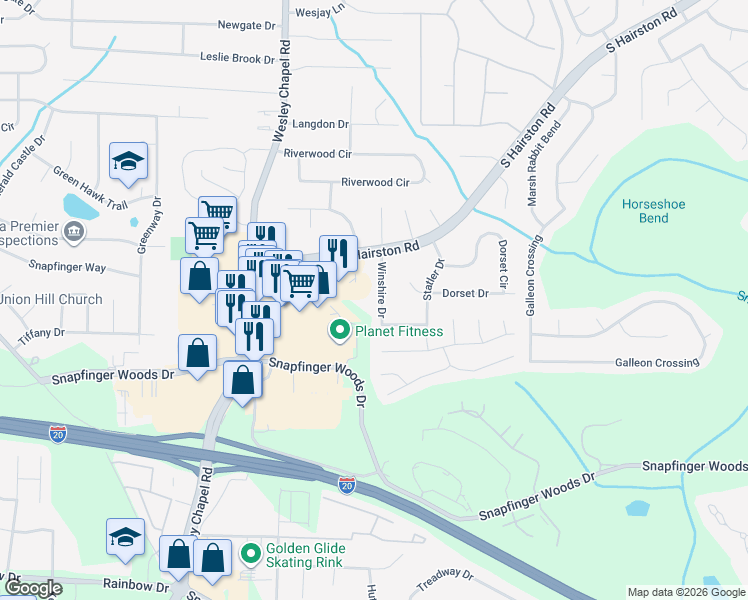 map of restaurants, bars, coffee shops, grocery stores, and more near 2417 Winshire Dr in Decatur