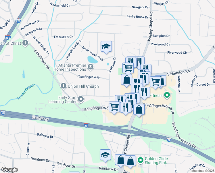 map of restaurants, bars, coffee shops, grocery stores, and more near 2425 Greenway Drive in Decatur