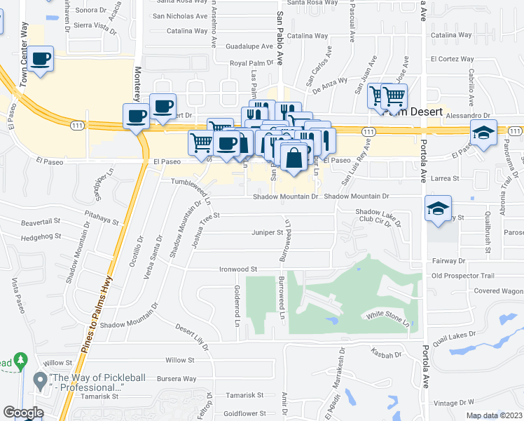map of restaurants, bars, coffee shops, grocery stores, and more near 73426 Joshua Tree Street in Palm Desert