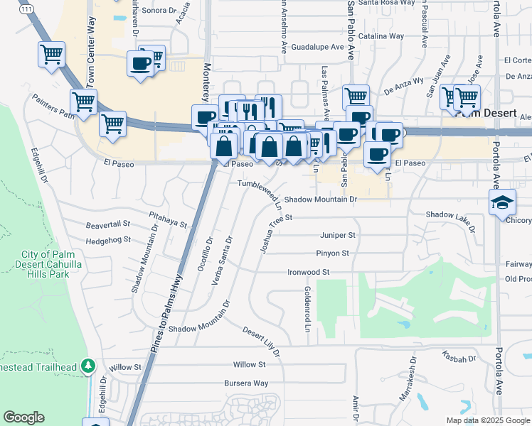 map of restaurants, bars, coffee shops, grocery stores, and more near 73181 Shadow Mountain Drive in Palm Desert