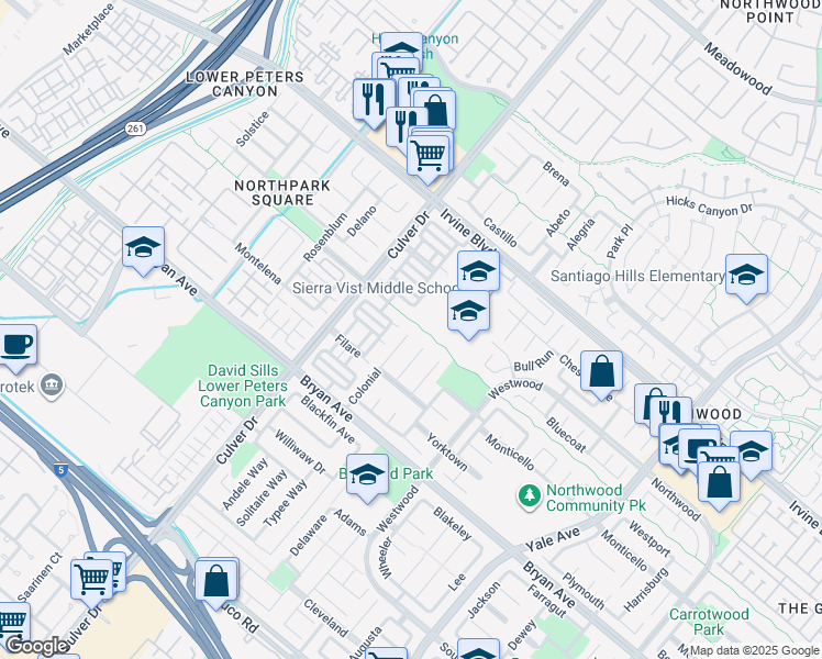 map of restaurants, bars, coffee shops, grocery stores, and more near 45 Colonial in Irvine