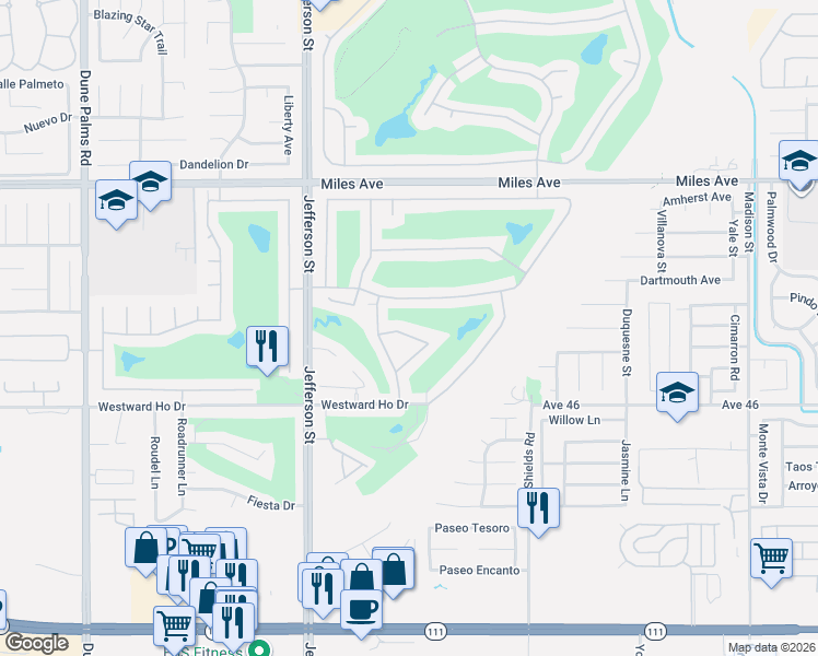 map of restaurants, bars, coffee shops, grocery stores, and more near 80213 Golden Horseshoe Drive in Indio