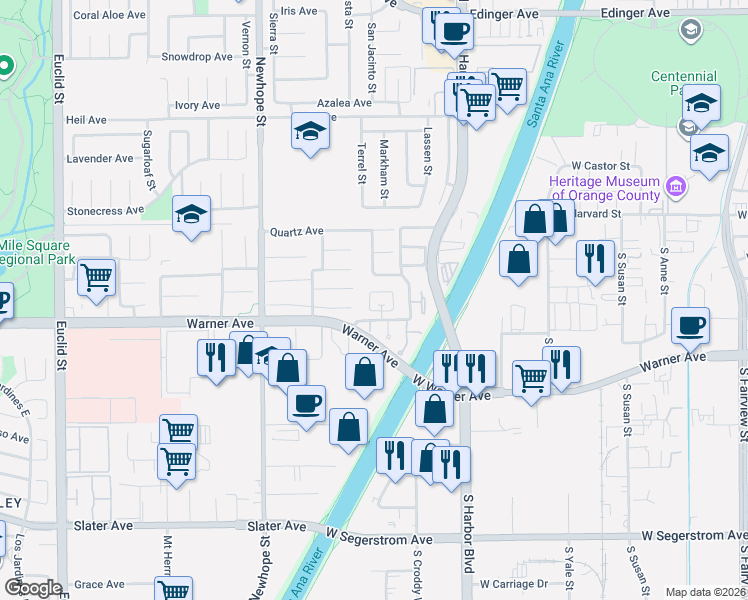 map of restaurants, bars, coffee shops, grocery stores, and more near 16971 Summeroak Court in Fountain Valley