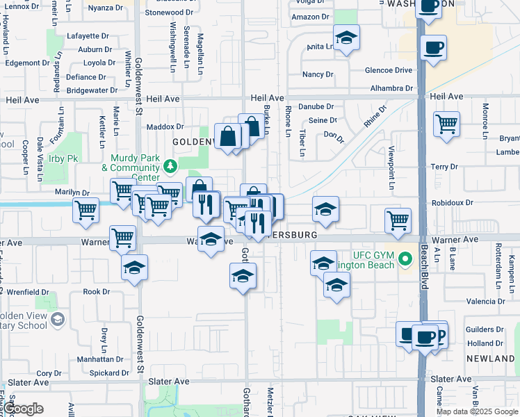 map of restaurants, bars, coffee shops, grocery stores, and more near 16892 Gothard Street in Huntington Beach