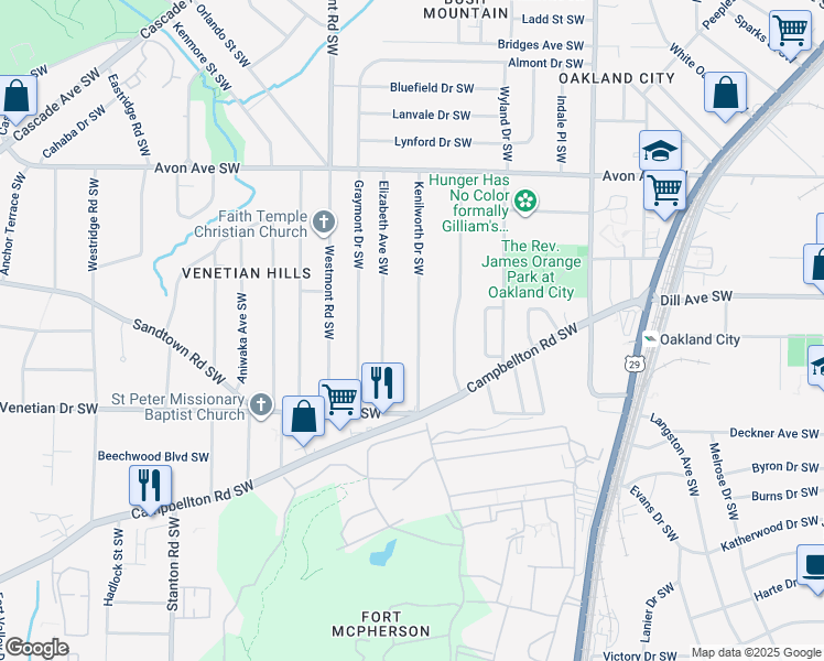 map of restaurants, bars, coffee shops, grocery stores, and more near 1385 Kenilworth Drive Southwest in Atlanta