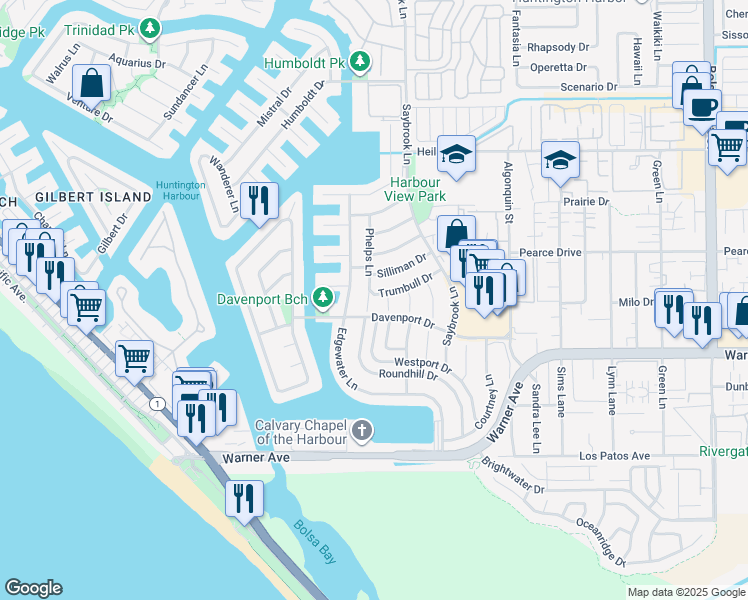 map of restaurants, bars, coffee shops, grocery stores, and more near 4152 Trumbull Drive in Huntington Beach