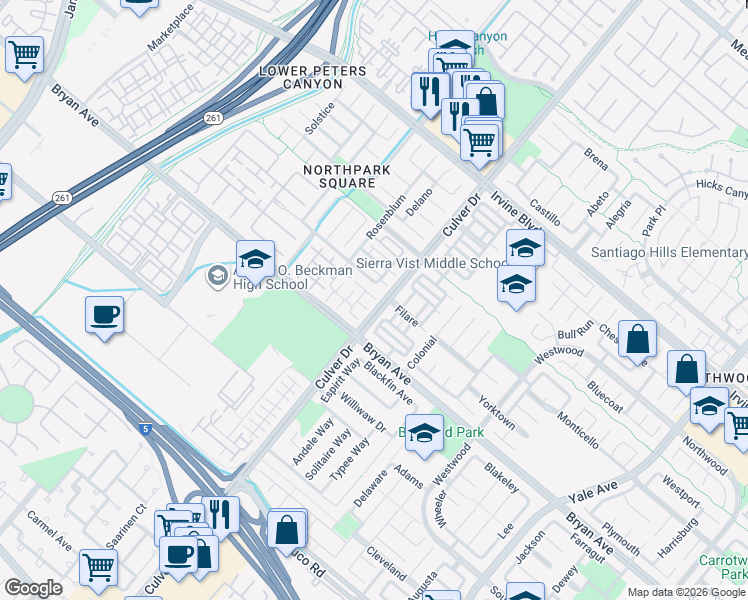 map of restaurants, bars, coffee shops, grocery stores, and more near 16 Salton in Irvine