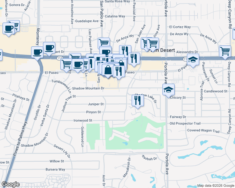 map of restaurants, bars, coffee shops, grocery stores, and more near 73620 Joshua Tree Street in Palm Desert