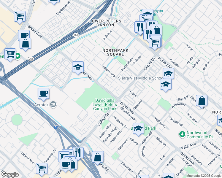 map of restaurants, bars, coffee shops, grocery stores, and more near 32 Bolinas in Irvine