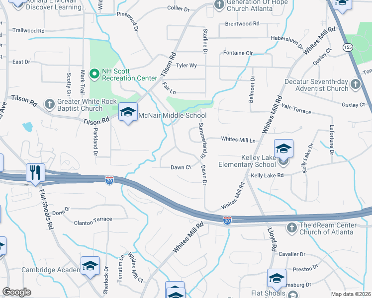 map of restaurants, bars, coffee shops, grocery stores, and more near 2478 Dawn Drive in Decatur