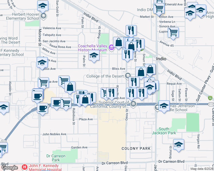 map of restaurants, bars, coffee shops, grocery stores, and more near 45680 Deglet Noor Street in Indio