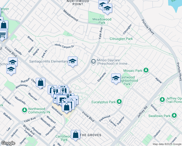 map of restaurants, bars, coffee shops, grocery stores, and more near 27 Lucero East in Irvine
