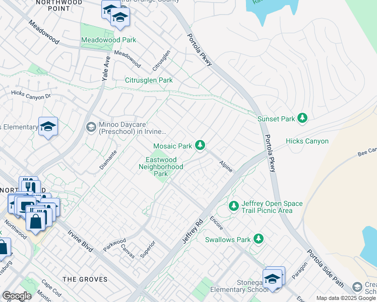map of restaurants, bars, coffee shops, grocery stores, and more near 110 Parkwood in Irvine