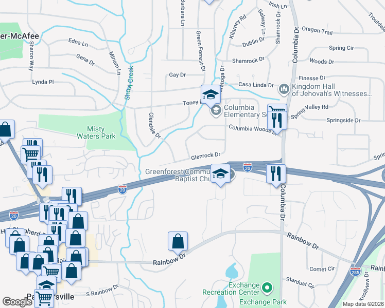 map of restaurants, bars, coffee shops, grocery stores, and more near 2488 Glenrock Drive in Decatur