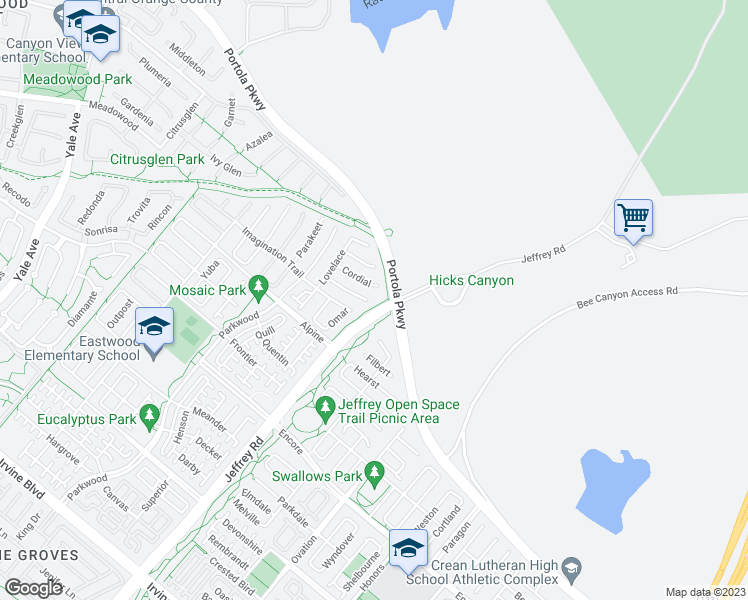 map of restaurants, bars, coffee shops, grocery stores, and more near 101 Allenford in Irvine