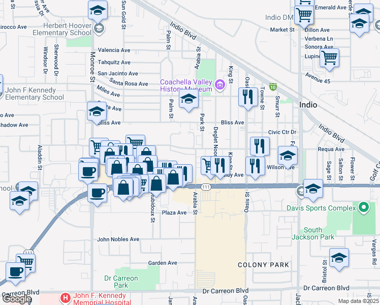 map of restaurants, bars, coffee shops, grocery stores, and more near 82435 Requa Avenue in Indio