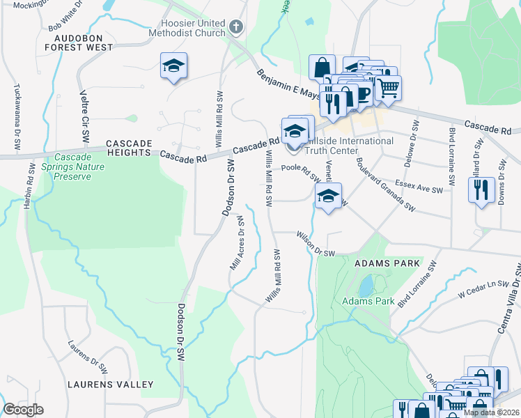 map of restaurants, bars, coffee shops, grocery stores, and more near 1395 Willis Mill Road Southwest in Atlanta