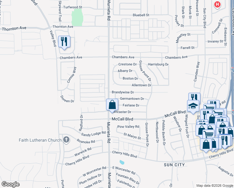 map of restaurants, bars, coffee shops, grocery stores, and more near 26051 Brandywine Drive in Menifee