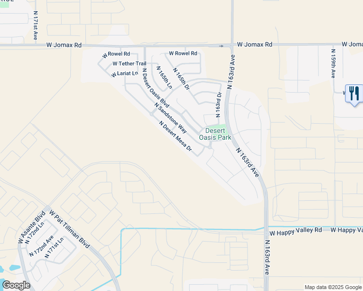 map of restaurants, bars, coffee shops, grocery stores, and more near 25690 North Desert Mesa Drive in Surprise
