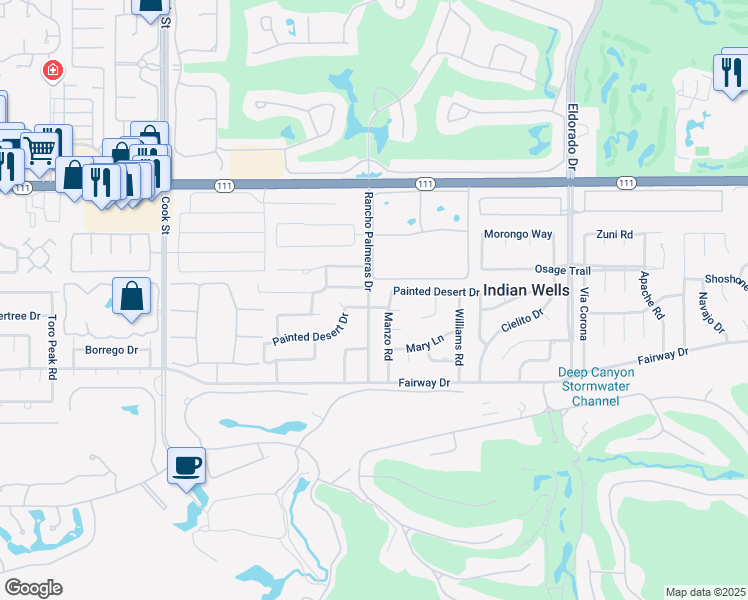 map of restaurants, bars, coffee shops, grocery stores, and more near 45540 Rancho Palmeras Drive in Indian Wells