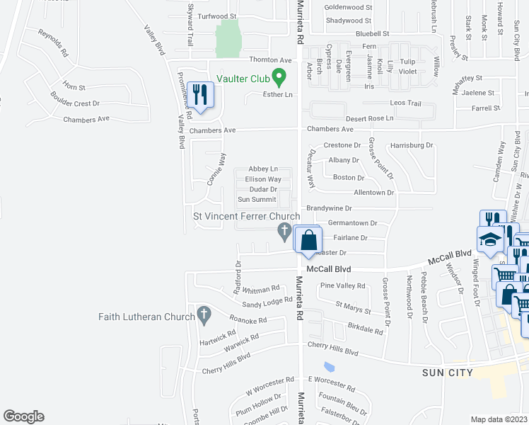 map of restaurants, bars, coffee shops, grocery stores, and more near 27701 Murrieta Road in Menifee