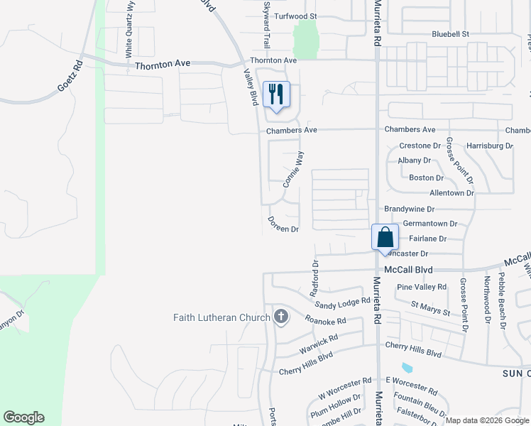 map of restaurants, bars, coffee shops, grocery stores, and more near 27976 Doreen Drive in Menifee