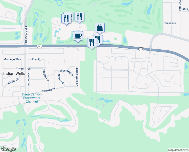 map of restaurants, bars, coffee shops, grocery stores, and more near 45607 Club Drive in Indian Wells