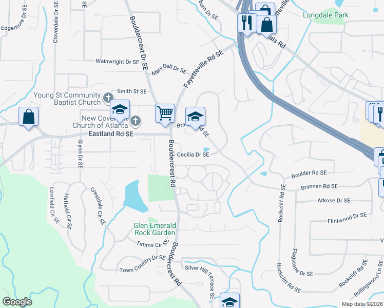 map of restaurants, bars, coffee shops, grocery stores, and more near 1516 Cecilia Drive Southeast in Atlanta