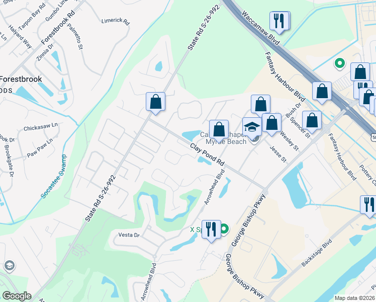 map of restaurants, bars, coffee shops, grocery stores, and more near 3683 Clay Pond Road in Myrtle Beach