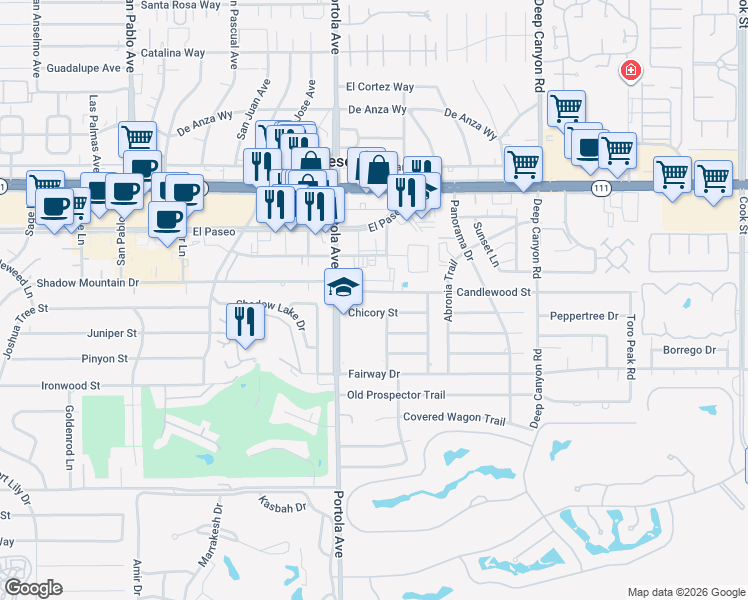 map of restaurants, bars, coffee shops, grocery stores, and more near 74095 Candlewood Street in Palm Desert