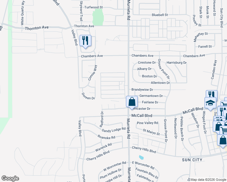 map of restaurants, bars, coffee shops, grocery stores, and more near 27900 Niagara Court in Menifee