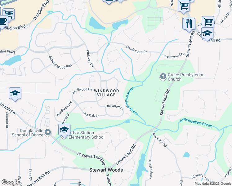 map of restaurants, bars, coffee shops, grocery stores, and more near 9886 Riverwood Court in Douglasville