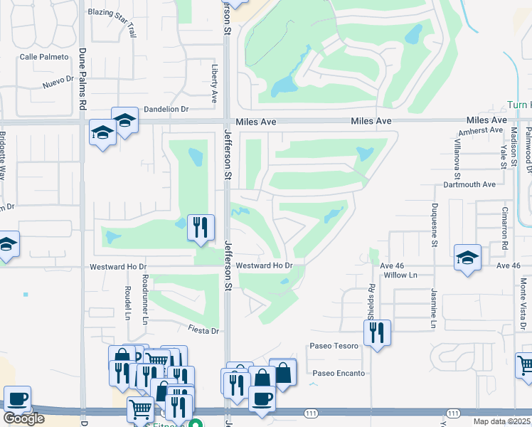 map of restaurants, bars, coffee shops, grocery stores, and more near 45627 Spyglass Hill Street in Indio