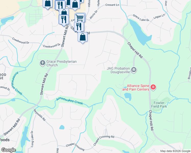 map of restaurants, bars, coffee shops, grocery stores, and more near 9840 Forest Hill Drive in Douglasville
