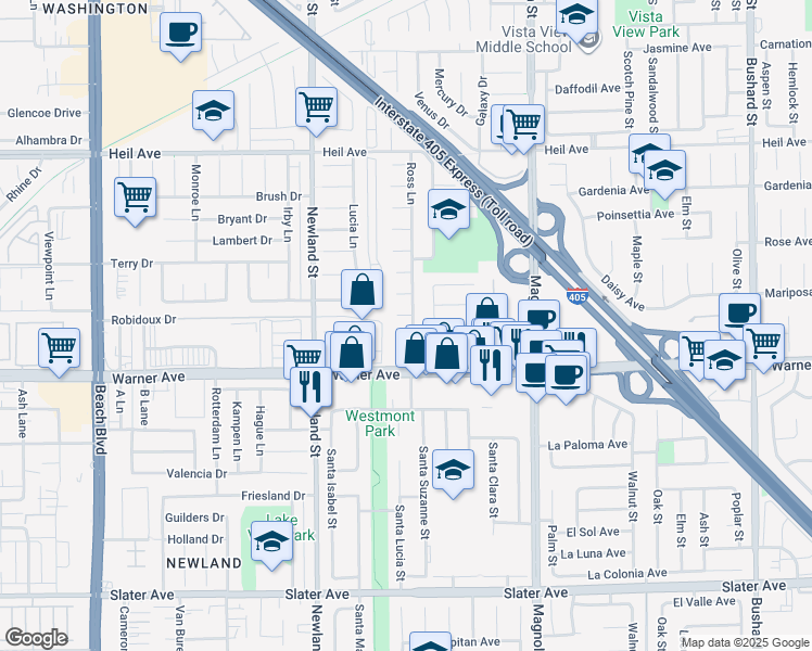 map of restaurants, bars, coffee shops, grocery stores, and more near 16871 Ross Lane in Huntington Beach