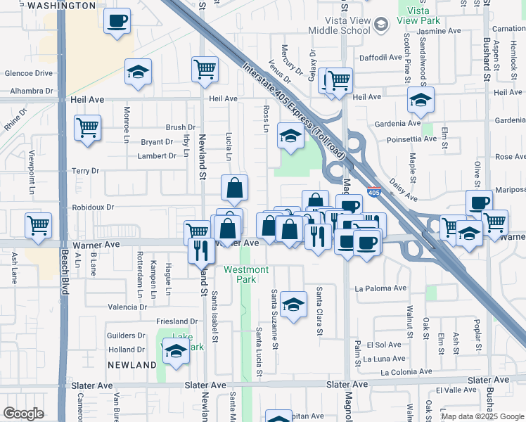 map of restaurants, bars, coffee shops, grocery stores, and more near 16871 Ross Lane in Huntington Beach