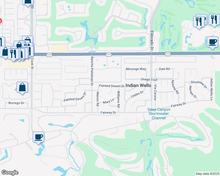 map of restaurants, bars, coffee shops, grocery stores, and more near 45570 Desierto Drive in Indian Wells