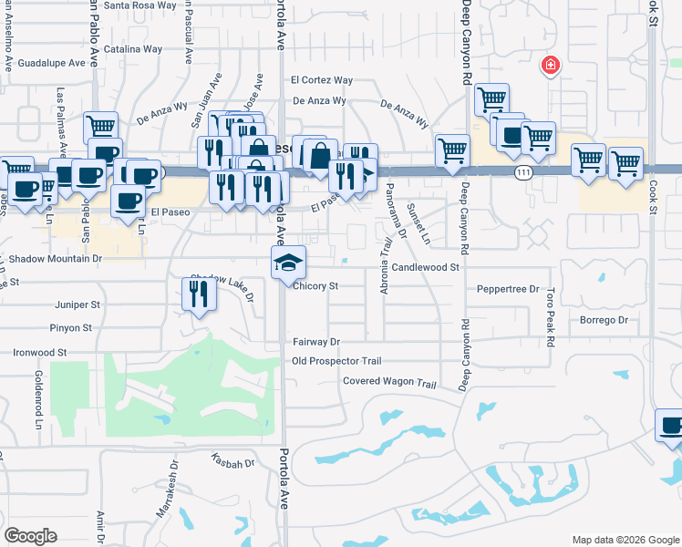 map of restaurants, bars, coffee shops, grocery stores, and more near 74155 Candlewood Street in Palm Desert