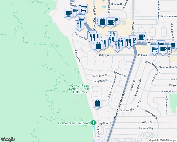 map of restaurants, bars, coffee shops, grocery stores, and more near 72539 Pitahaya Street in Palm Desert