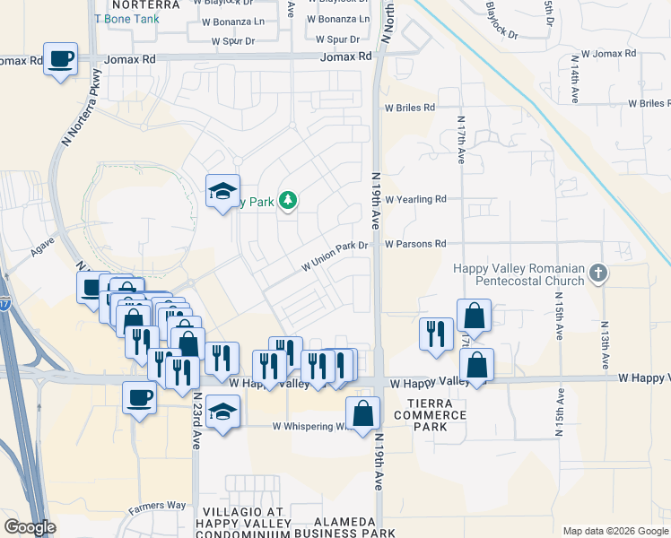 map of restaurants, bars, coffee shops, grocery stores, and more near 25417 North 20th Avenue in Phoenix