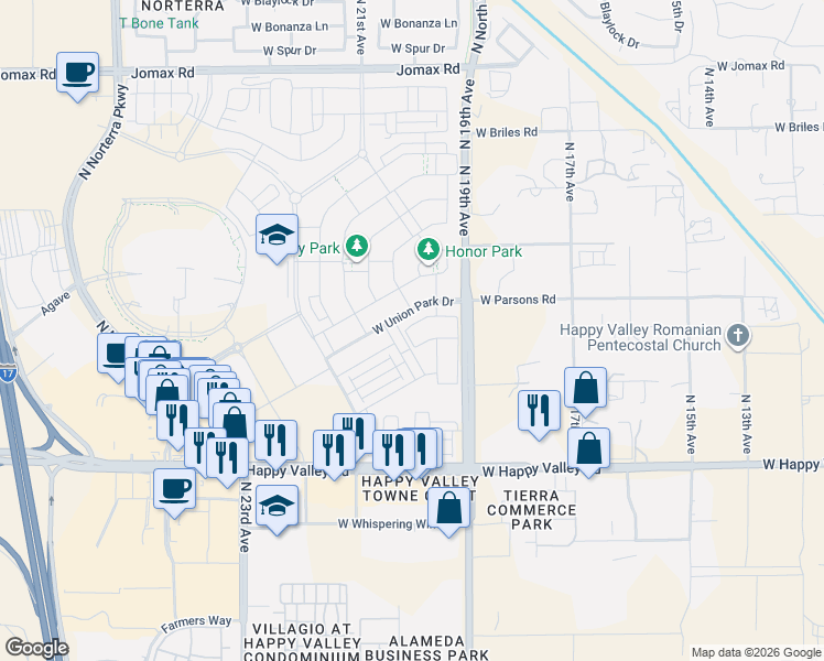 map of restaurants, bars, coffee shops, grocery stores, and more near 25417 North 20th Avenue in Phoenix