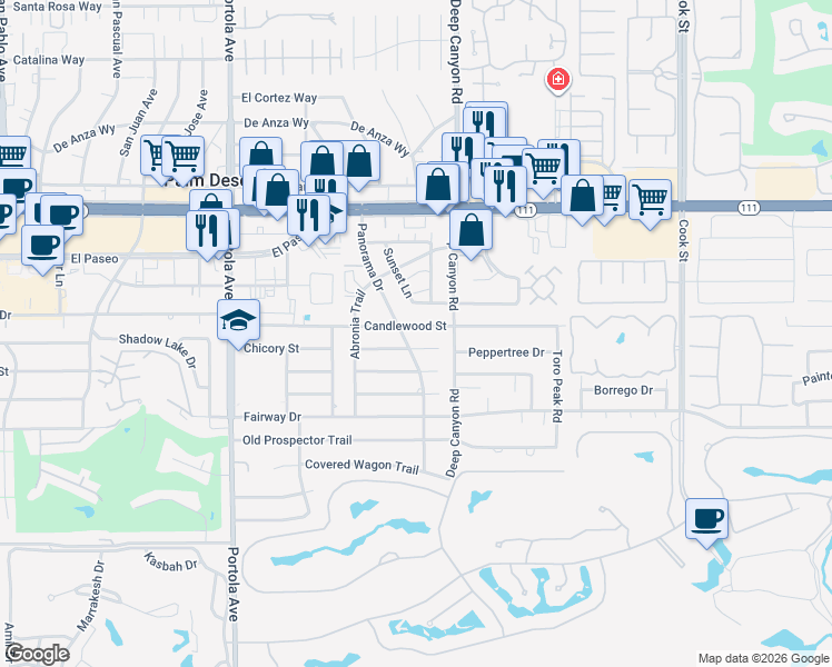 map of restaurants, bars, coffee shops, grocery stores, and more near 45676 Panorama Drive in Palm Desert