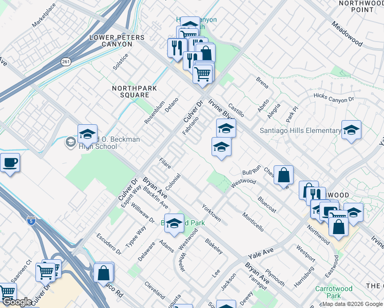 map of restaurants, bars, coffee shops, grocery stores, and more near 37 Colonial in Irvine