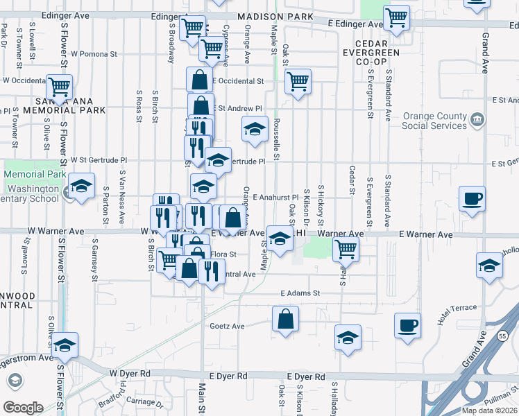 map of restaurants, bars, coffee shops, grocery stores, and more near 2223 Maple Street in Santa Ana