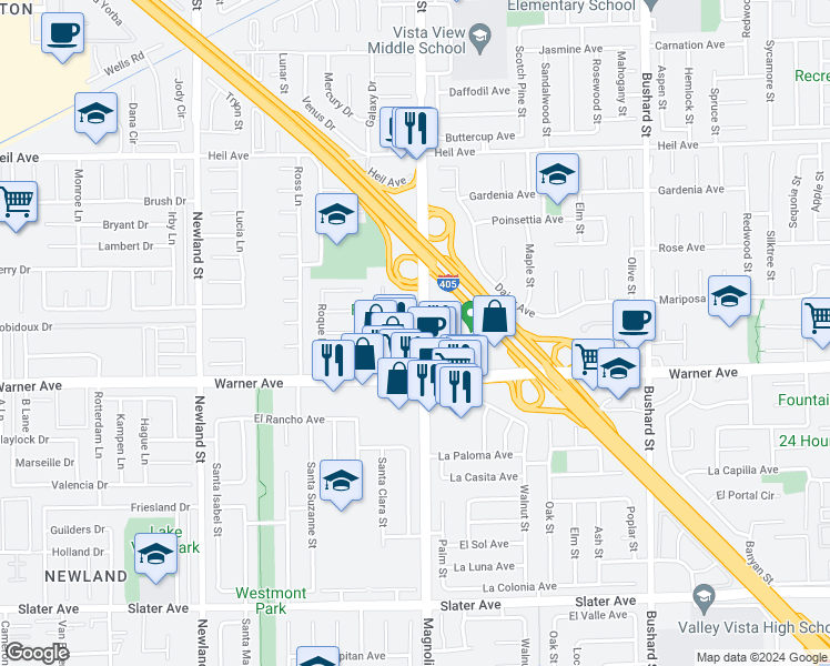 map of restaurants, bars, coffee shops, grocery stores, and more near 16922 Magnolia Street in Fountain Valley
